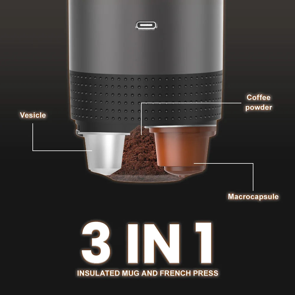 3 in 1 Portable Coffee Maker Nes/DG/Ground Coffee Compatible 12 Volt Espresso Machine with Foldable Holder & Carrying Case 3 in 1 Portable Coffee Maker Nes/DG/Ground Coffee Compatible 12 Volt Espresso Machine with Foldable Holder & Carrying Case