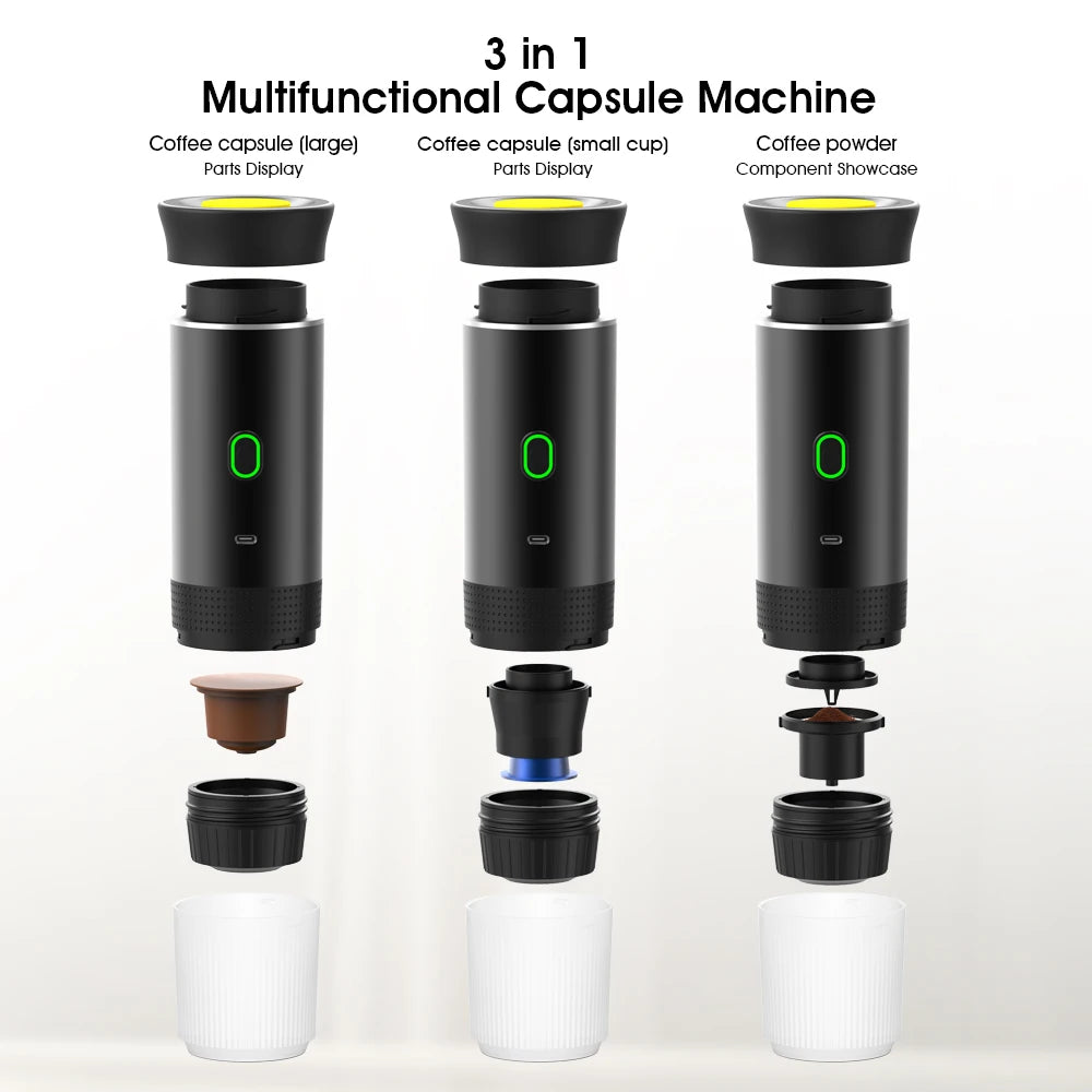 3 in 1 Portable Coffee Maker Nes/DG/Ground Coffee Compatible 12 Volt Espresso Machine with Foldable Holder & Carrying Case 3 in 1 Portable Coffee Maker Nes/DG/Ground Coffee Compatible 12 Volt Espresso Machine with Foldable Holder & Carrying Case